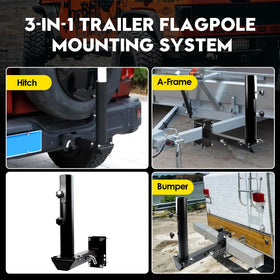 Vornalex RV flag pole mount at rear bumper offers versatile mounting options