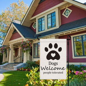 Vorupel flag features double-sided printing for visible from both sides in garden.