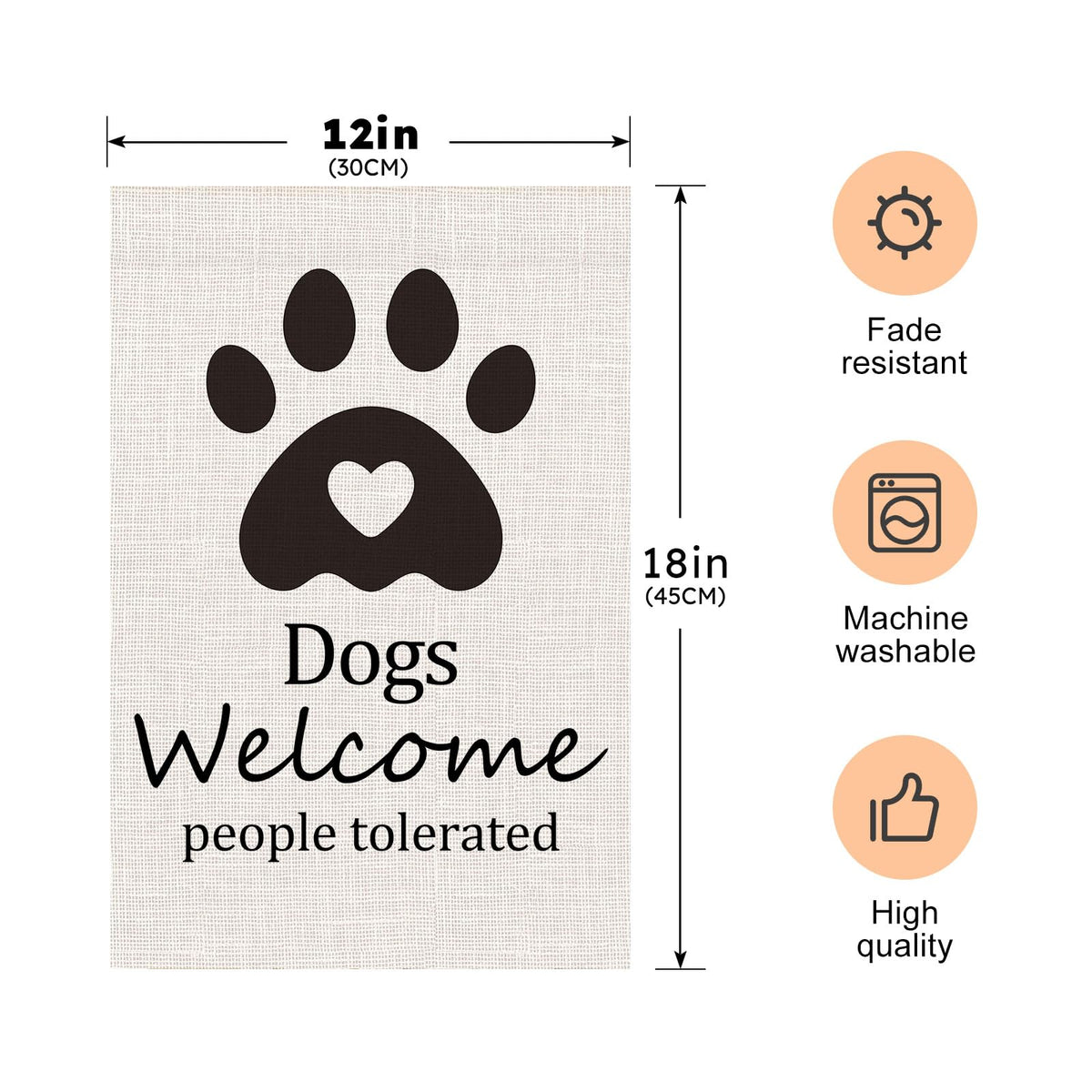 Vorupel welcome flag shows people tolerated on sturdy burlap for outdoor charm.