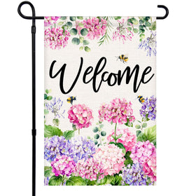 Vorupel garden flag with double-sided hydrangea and bee design for outdoor curb appeal.
