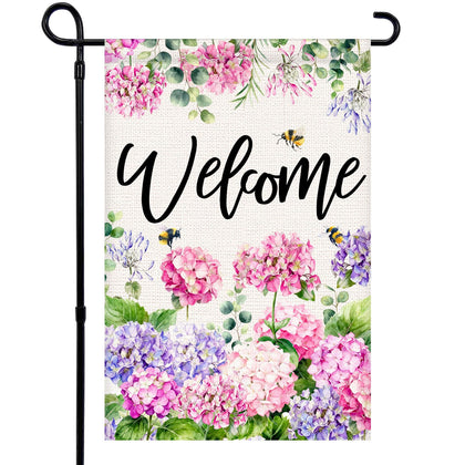 Vorupel garden flag with double-sided hydrangea and bee design for outdoor curb appeal.
