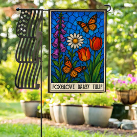 VOTANTA Foxglove Daisy Tulip flag on a sleeve for easy outdoor display