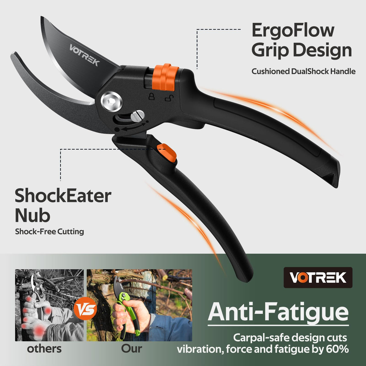 VOTREK ergonomic grip with anti-slip coating reduces fatigue during long pruning sessions.