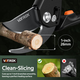 VOTREK SK5 steel blades stay sharp for clean cuts on thick branches up to 26mm.