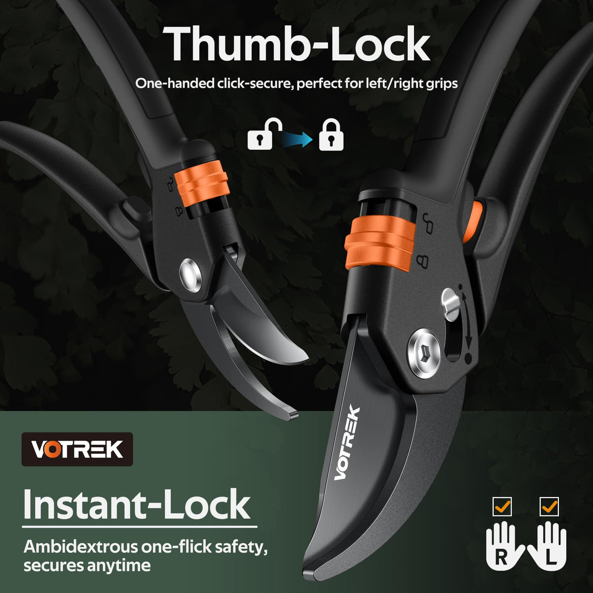 VOTREK pruning shears with Teflon coating reduces friction and sap buildup during pruning.