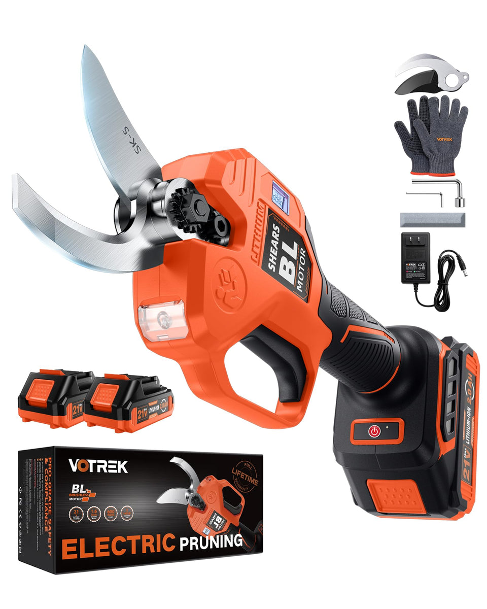 VOTREK pruning shears with dual battery system for continuous pruning.
