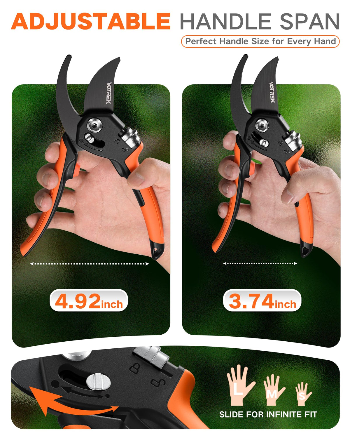 VOTREK garden clippers feature an internal spring for smooth, effortless pruning.