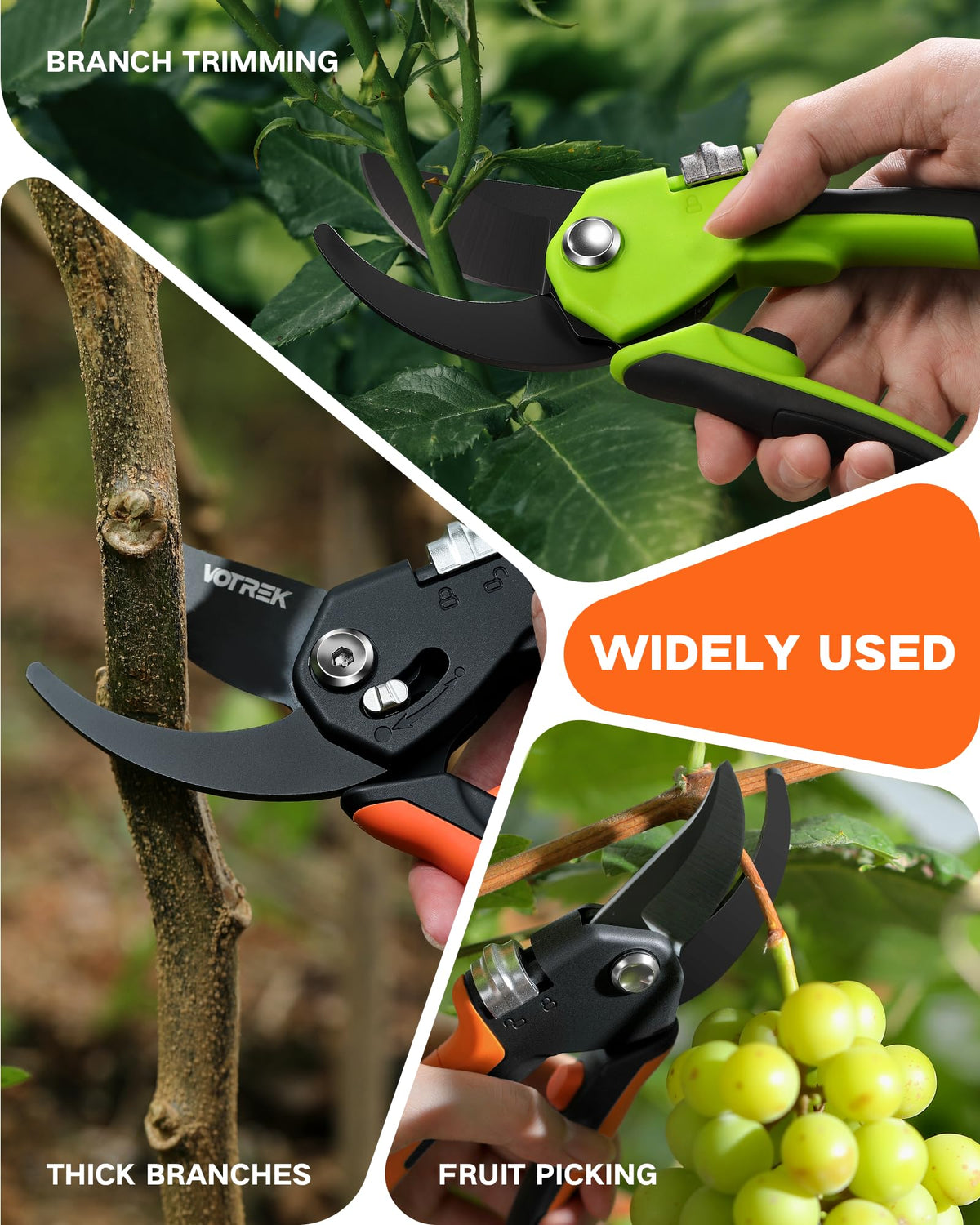 Lightweight VOTREK pruning shears at about 8.1 oz for precise cuts with less fatigue.