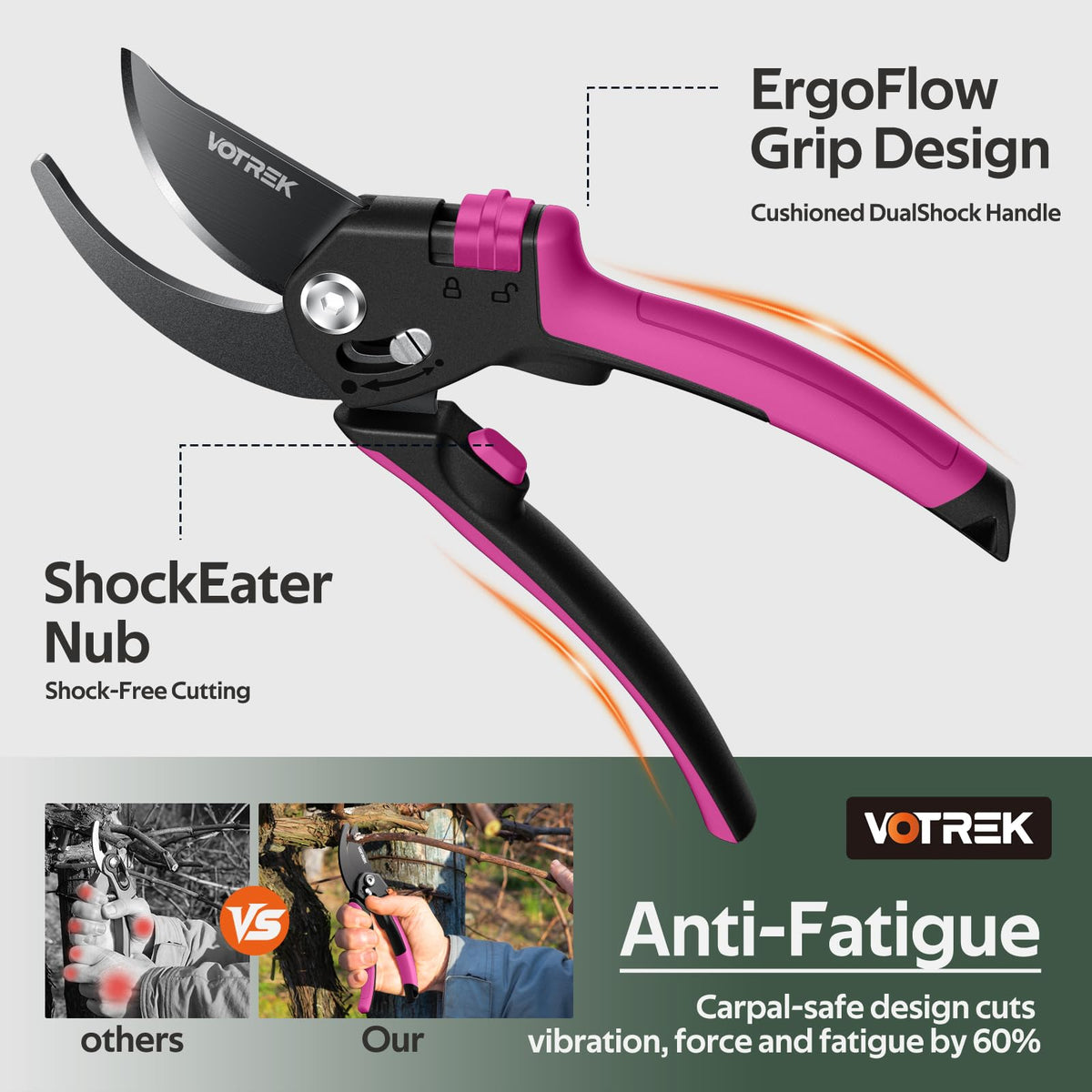 VOTREK pruning shears ergonomic grip with TPR coating for comfort