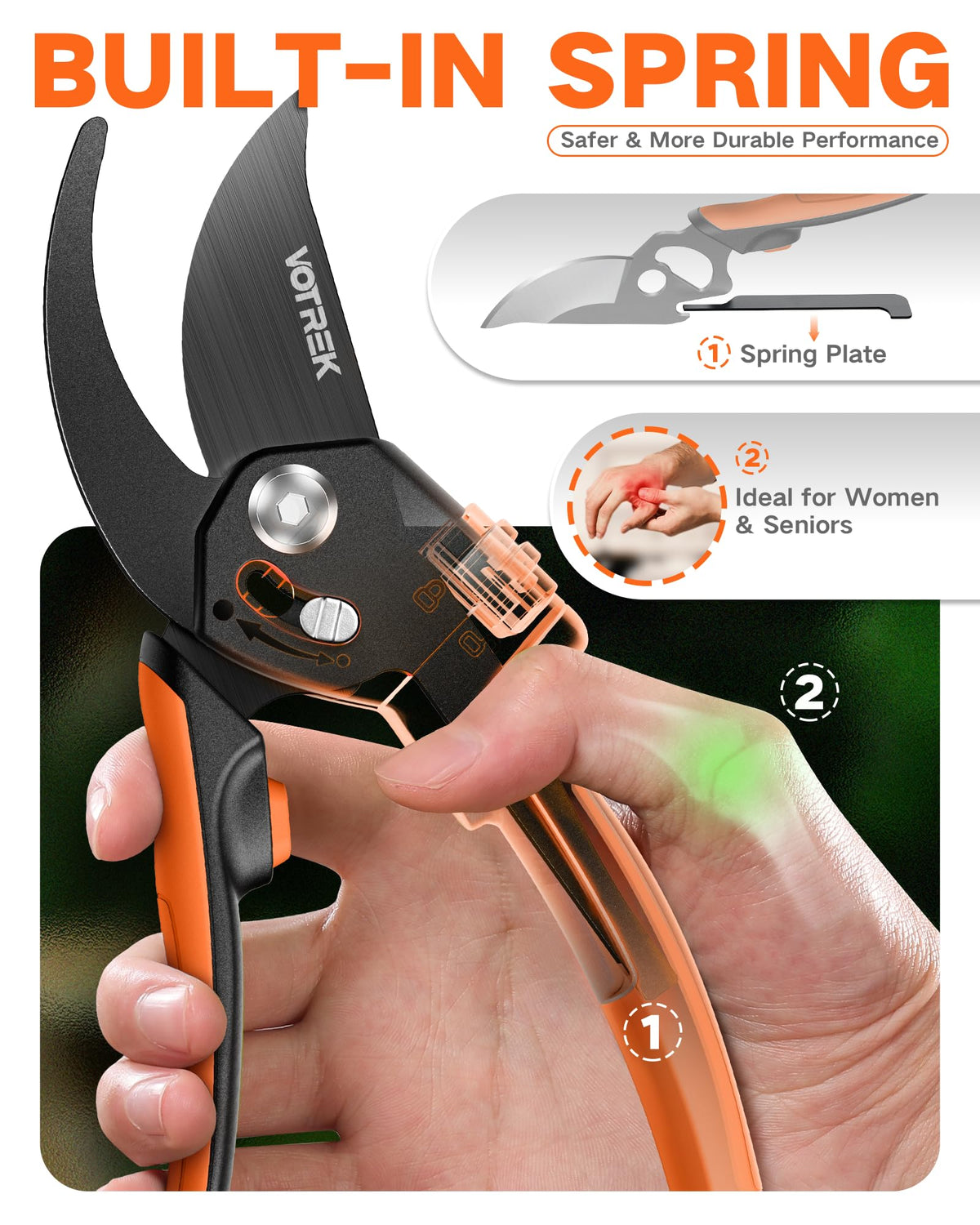 Slip resistant rubber handle on VOTREK pruners provides secure grip during work.