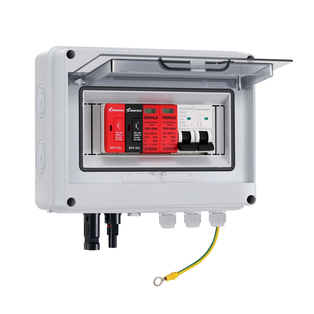 VOU 600V combiner box front view with rugged outdoor-ready IP65 housing.