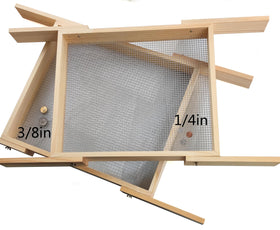 Voulosimi wood dirt sifter assembly showing sturdy frame and mesh for efficient filtering
