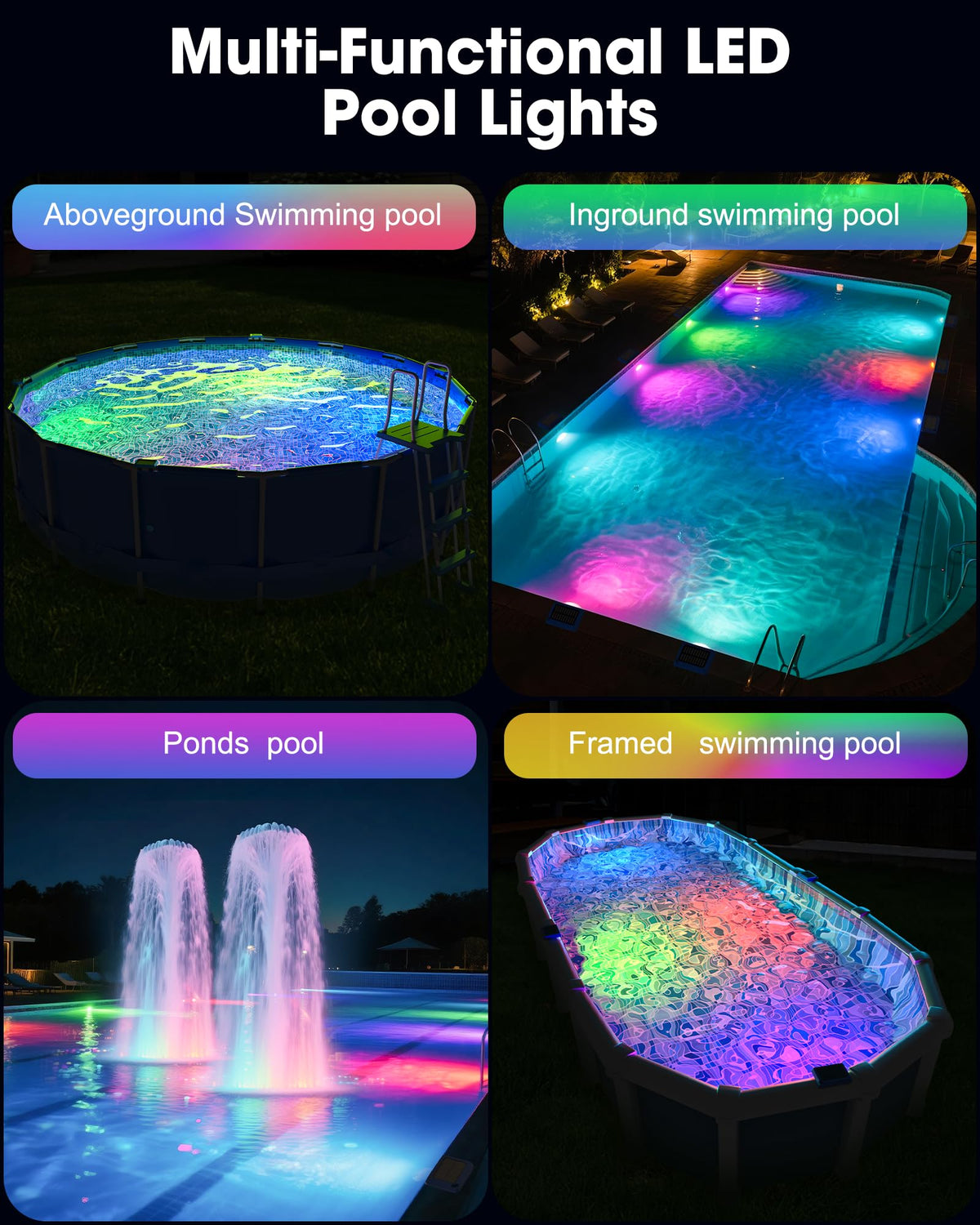Vovamo lights suitable for above-ground and inground pools, ponds, and fountains.