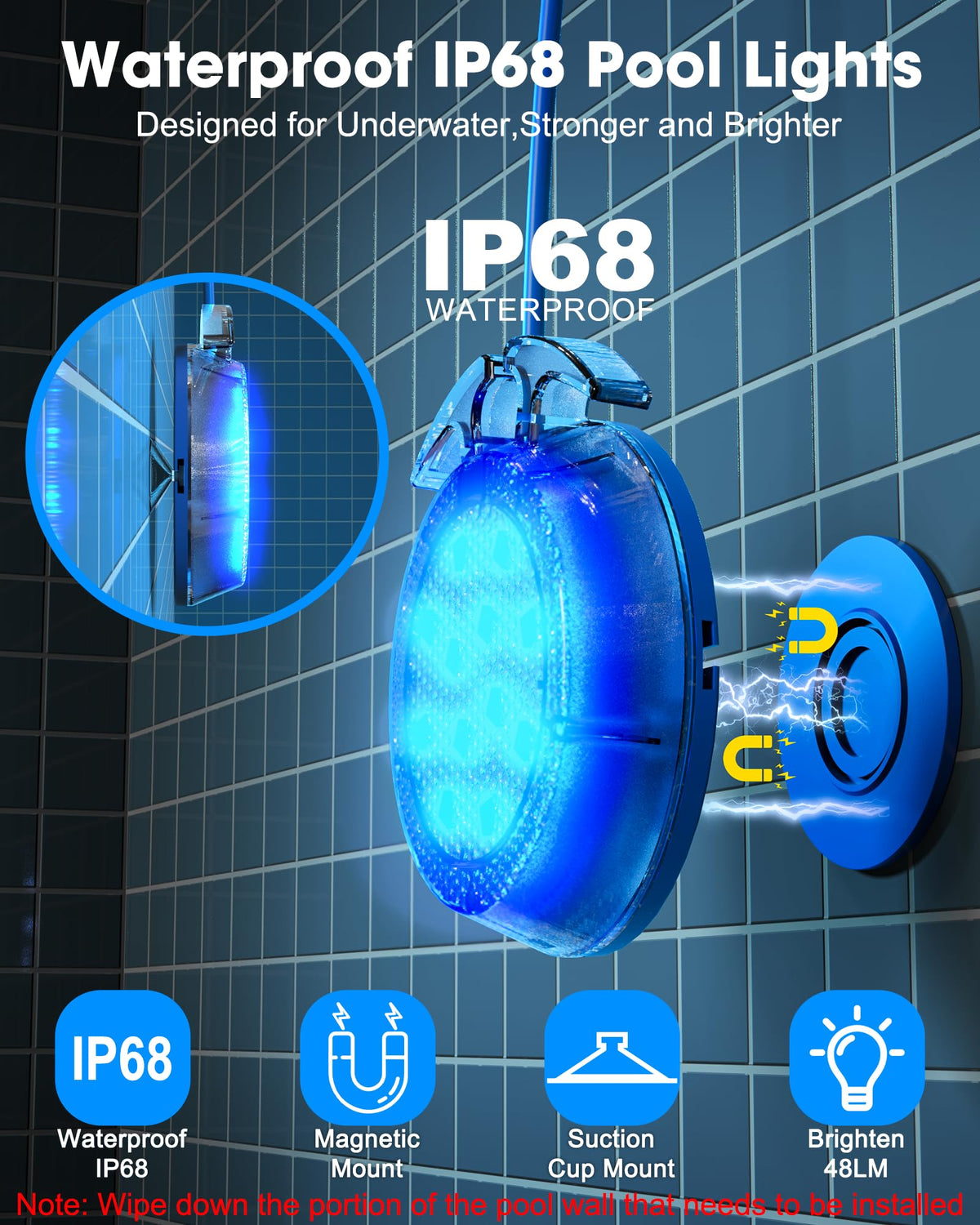 Vovamo pool light featuring a remote control for easy color and mode changes.