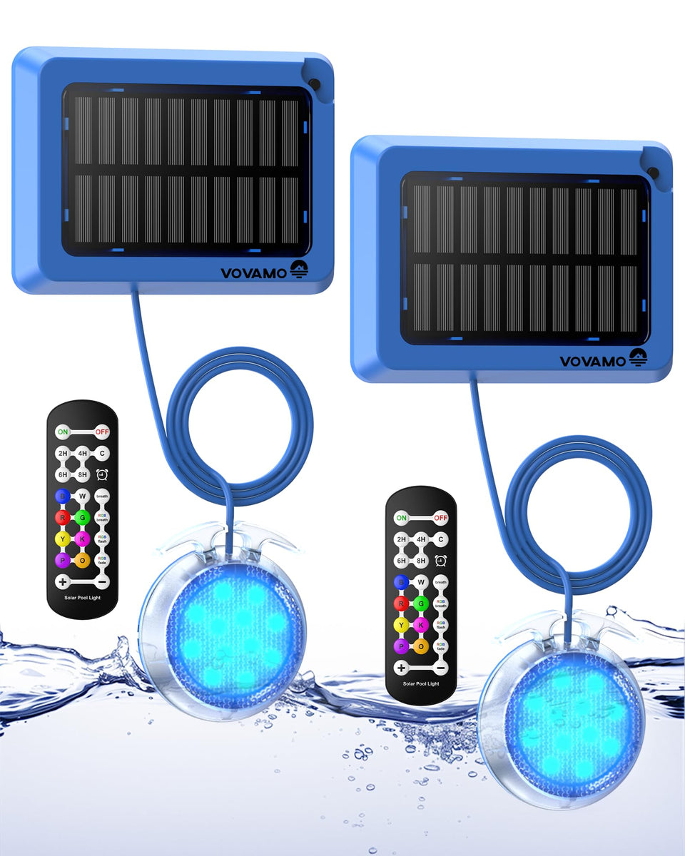 Vovamo underwater IP68 pool light glowing in blue water with durable waterproof design.