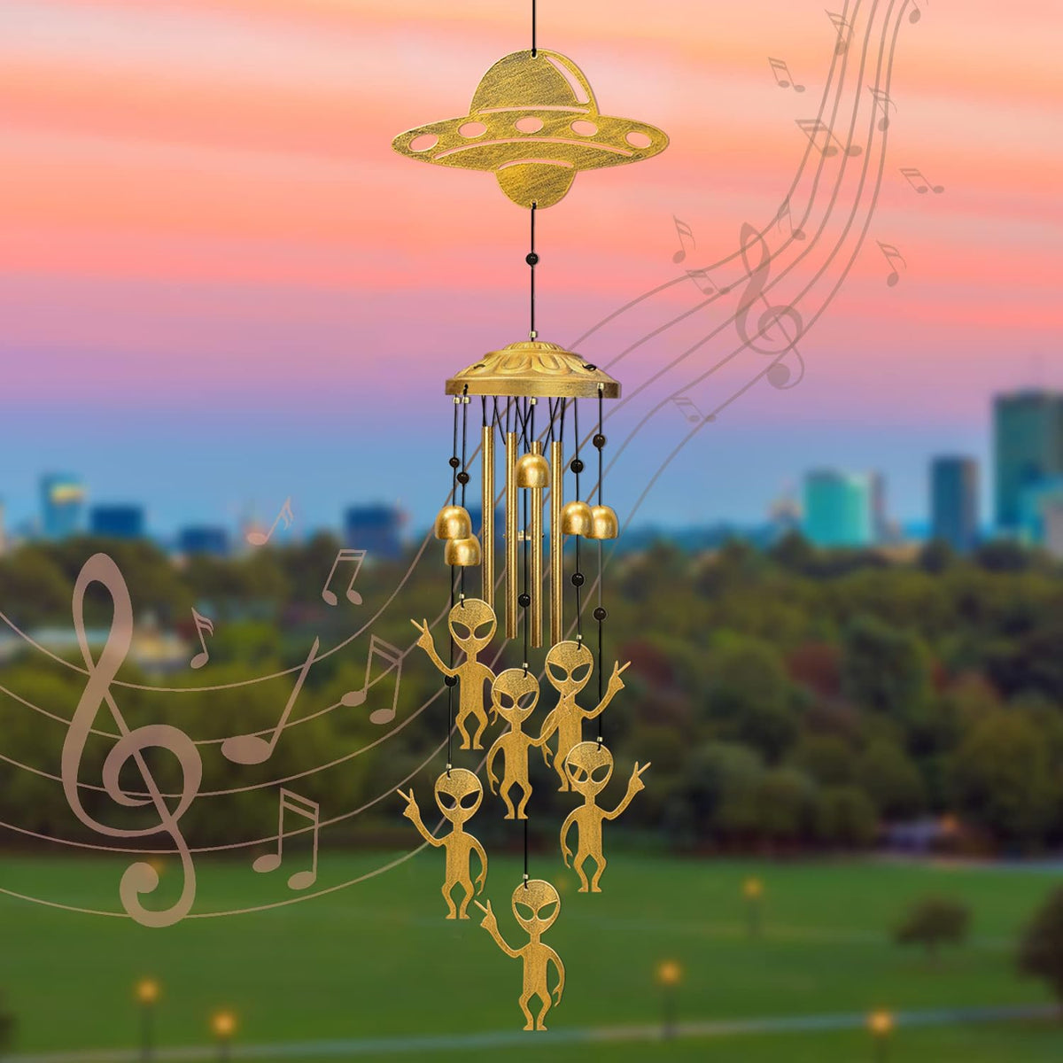 Vovkokc wind chime detail shows four tubes and six bells for deep tones
