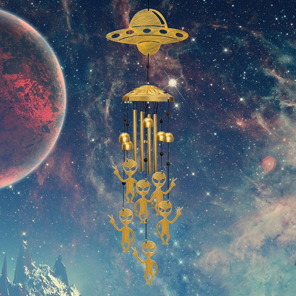 Vovkokc Alien Wind Chimes outdoor focal with UFO and aliens for visual intrigue