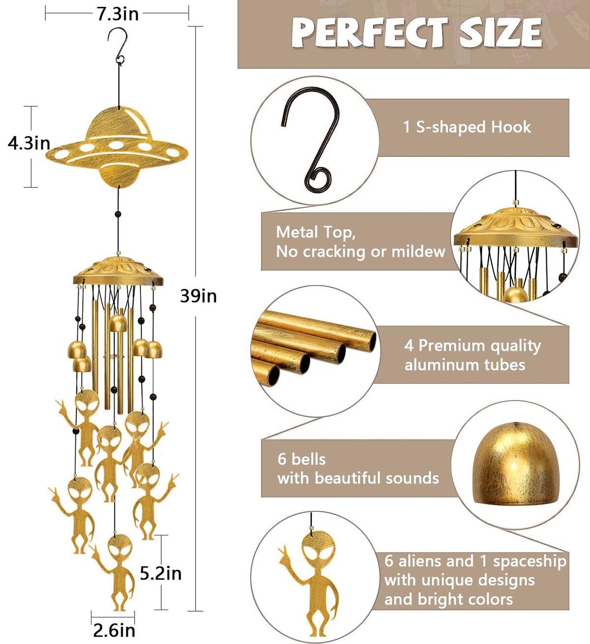 Vovkokc antique bronze wind chime features a large UFO and six aliens