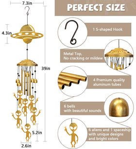 Vovkokc antique bronze wind chime features a large UFO and six aliens