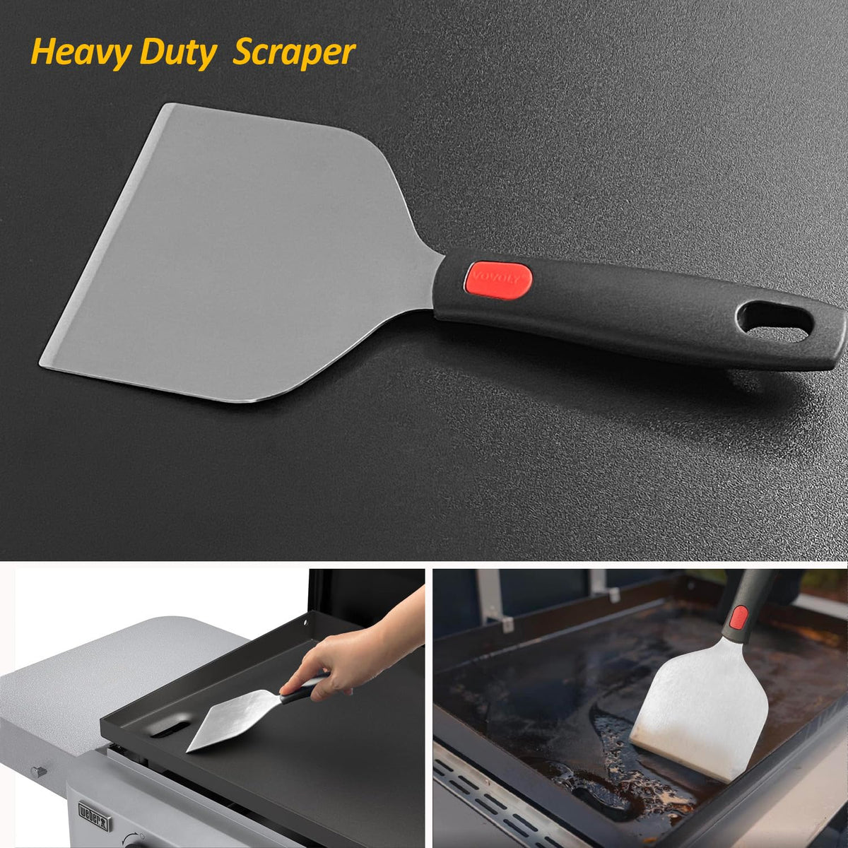Vovoly griddle scraper with wooden handle offers steady grip during grilling and cleaning