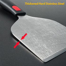 Vovoly sharp front edge scrapes burnt residue from a hot griddle with ease