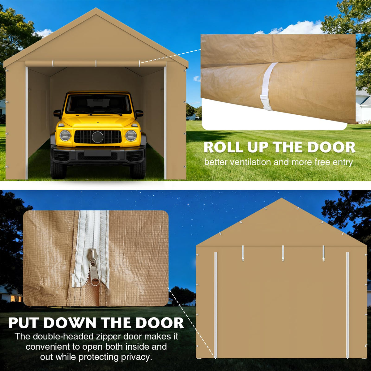 Voxary weatherproof front panel guards against rain and sun at the carport.