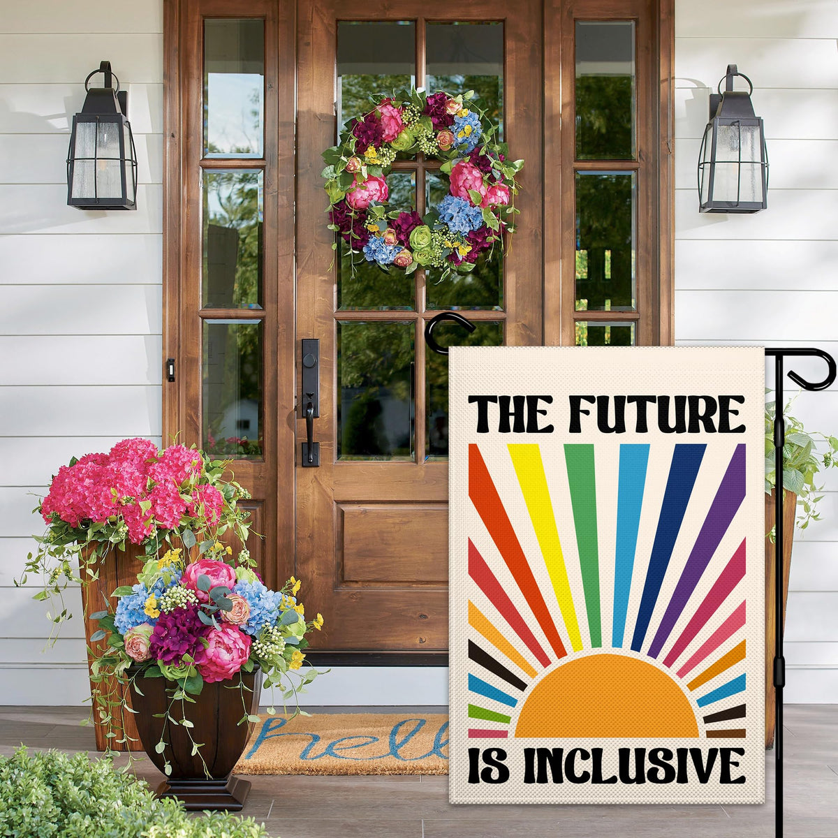VOZUN The Future is Inclusive flag double-sided print for visibility from all angles.