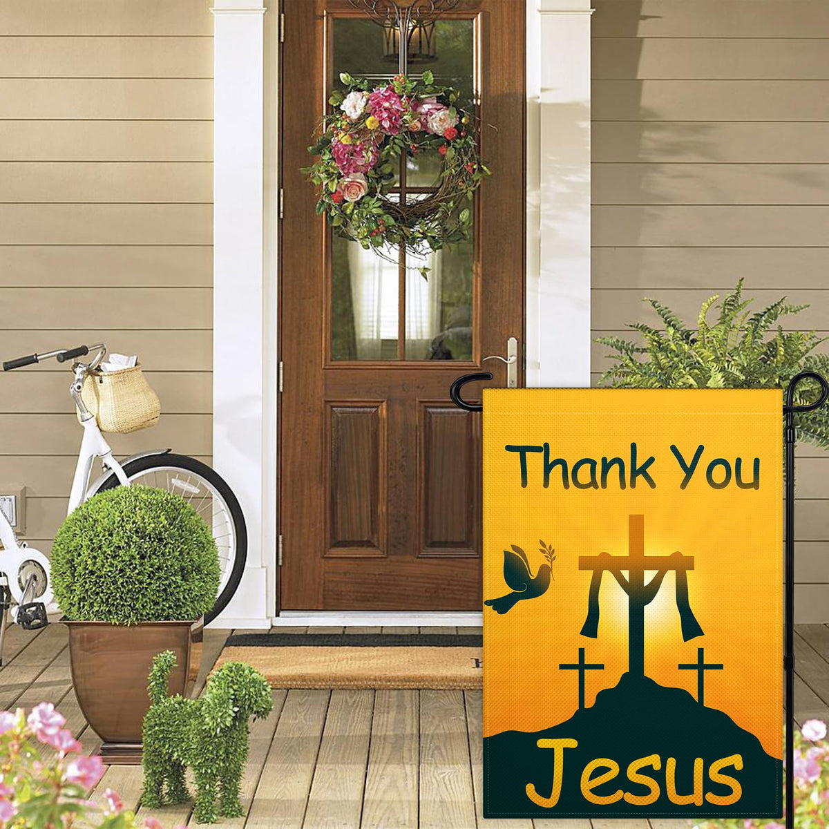 VOZUN Thank You Jesus garden flag back view showing double-sided readability.