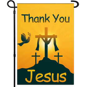 VOZUN Thank You Jesus garden flag front view on sunny porch, durable outdoor decor.