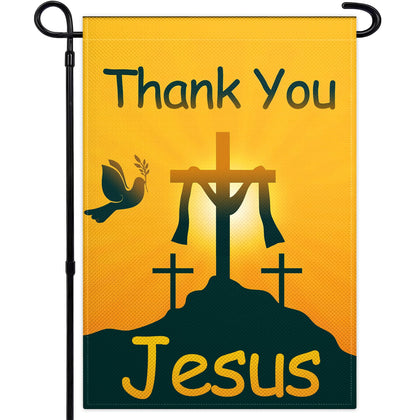 VOZUN Thank You Jesus garden flag front view on sunny porch, durable outdoor decor.