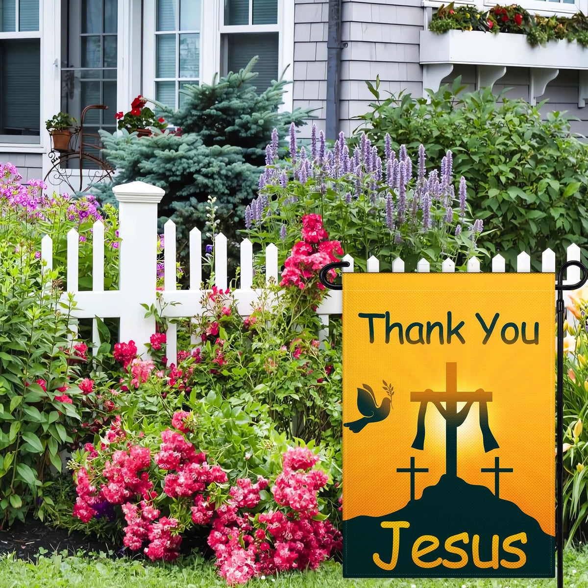 VOZUN Thank You Jesus garden flag hung on a porch for curb appeal.