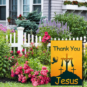 VOZUN Thank You Jesus garden flag hung on a porch for curb appeal.