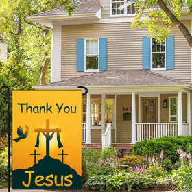 VOZUN Thank You Jesus garden flag displayed as outdoor decor in a garden setting.