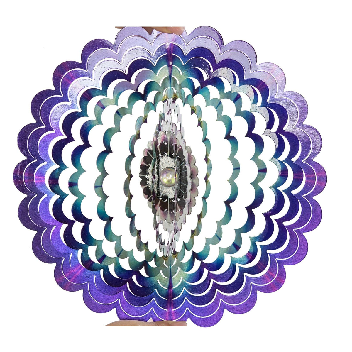 VP Home Floral Burst Mandala wind spinner, side view, showcases kinetic elegance in your garden