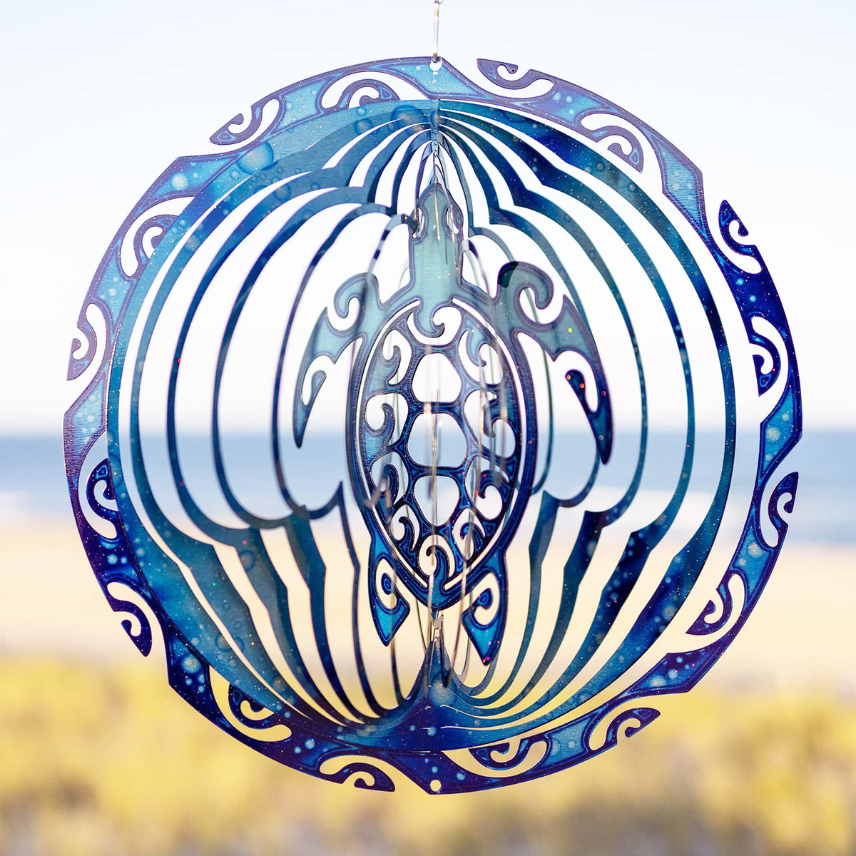 VP Home Tribal Turtle spinner side view showing weather-resistant steel for all-season use