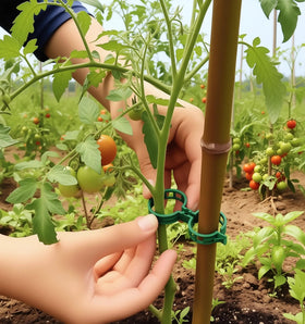 VPWHY tomato vine clips in use on a trellis supporting fruiting stems
