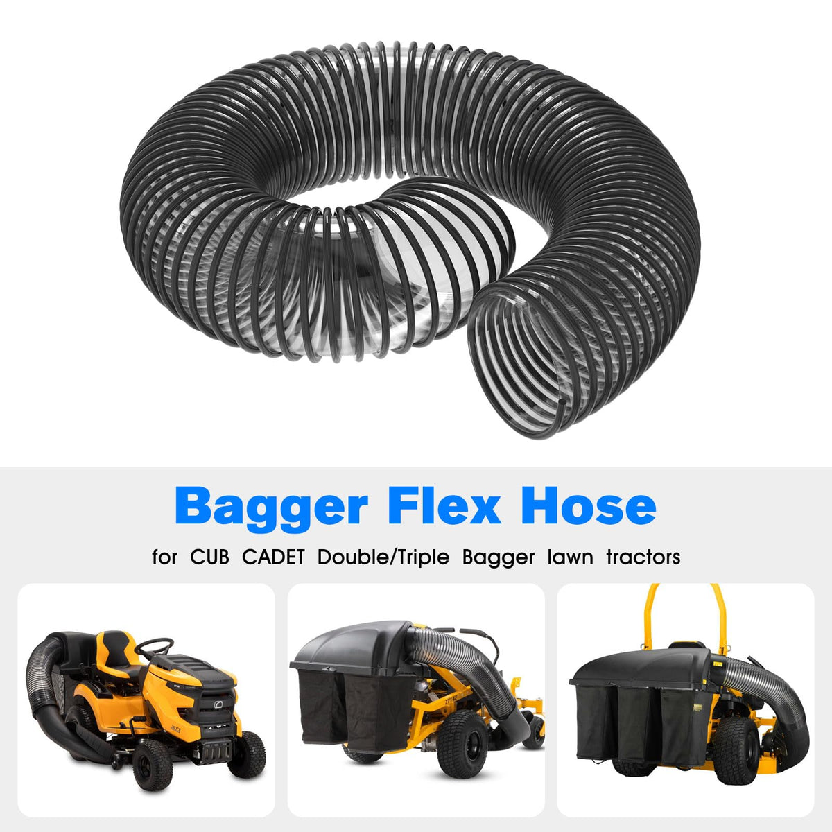 VQQLII bagger flex hose extended to 47.5 inches for reach in large yards