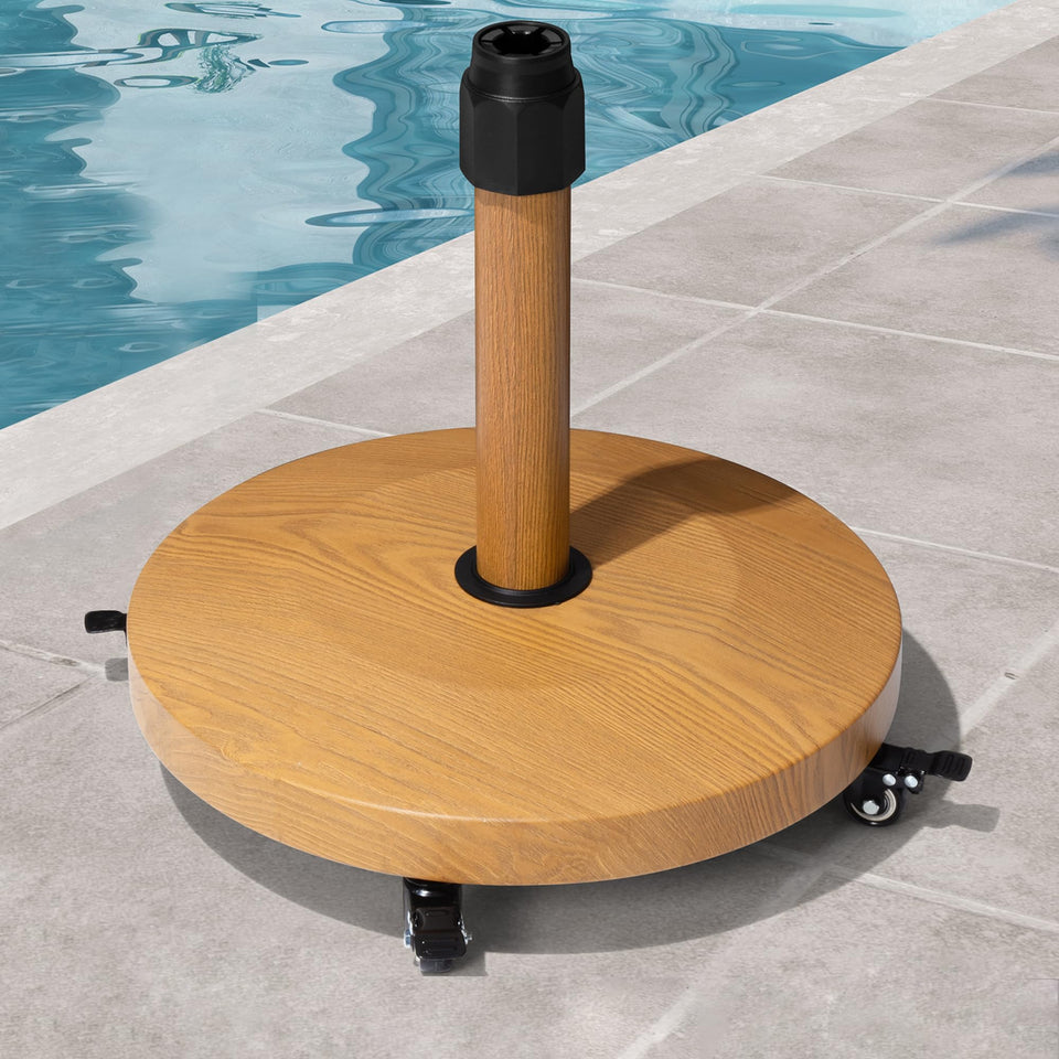 VredHom patio umbrella base with four wheels for easy relocation.