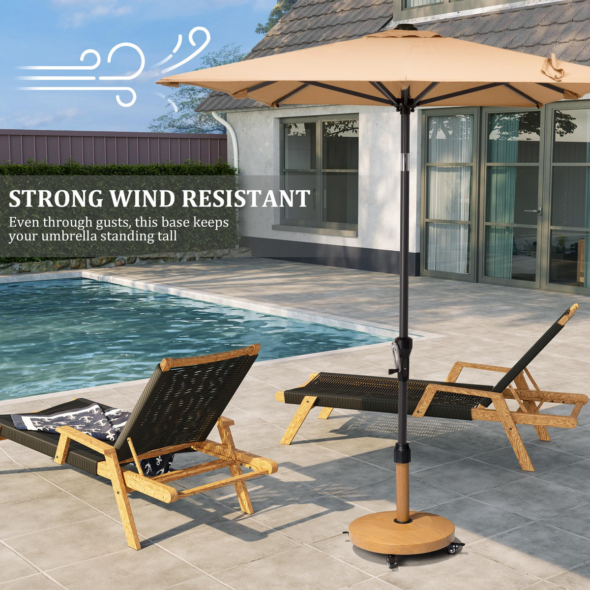 Wheels enable smooth movement of the base on patios and markets.