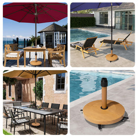 Teak-finish base complements outdoor furniture aesthetics.