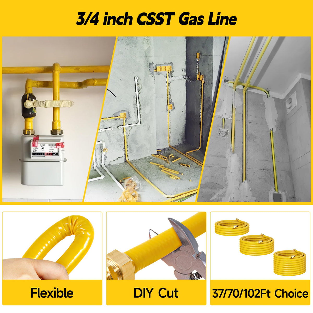 Vruelia CSST gas line flexible routing through joists and tight spaces