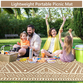Beige VSIWB outdoor rug laid on patio or deck for versatile outdoor use