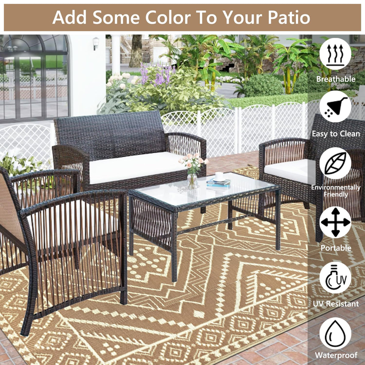 VSIWB outdoor rug stake system showing secure setup with stakes and loops