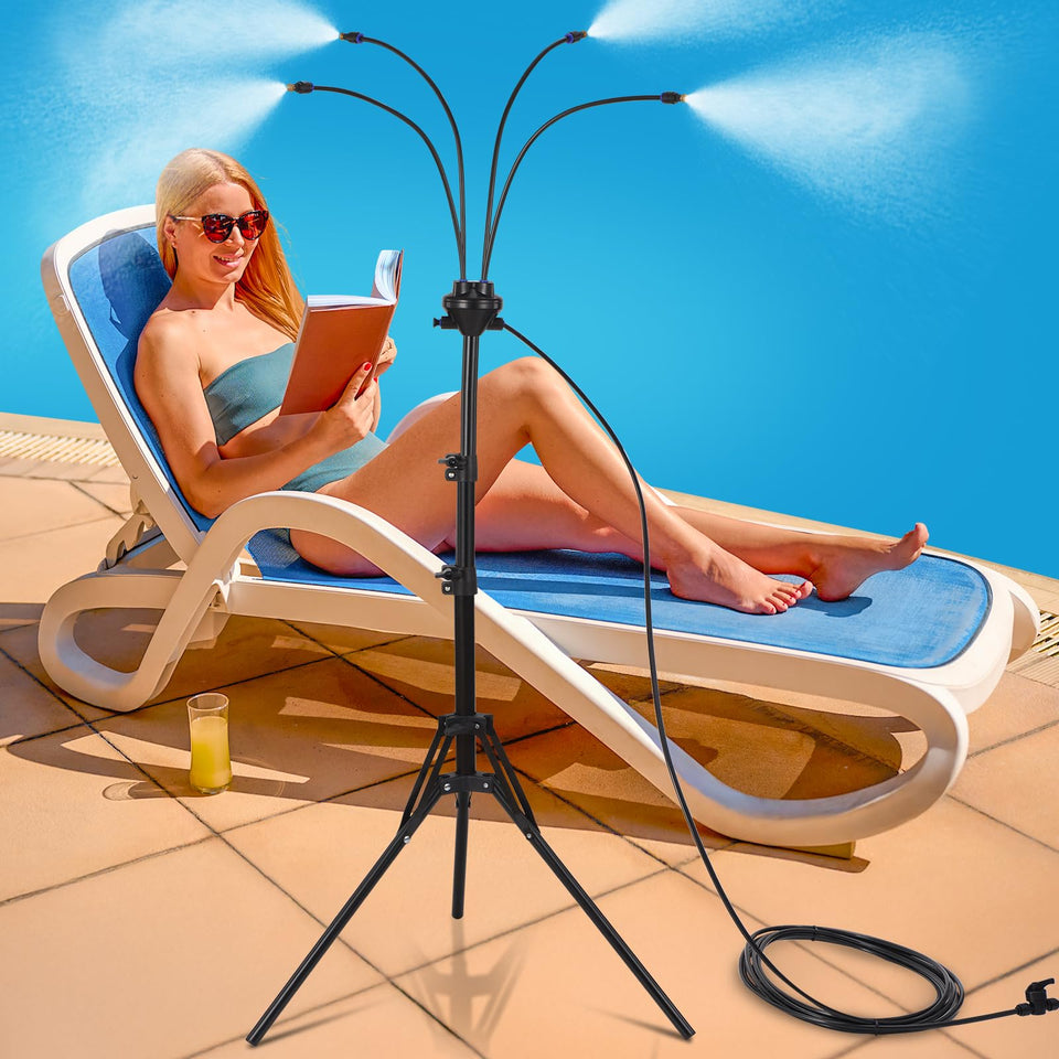 VsMon-Fri outdoor mister with adjustable height for full-body cooling.