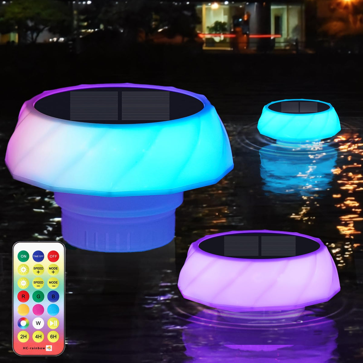 VsMon-Fri pool chlorine floater front view with solar glow and tablet slot