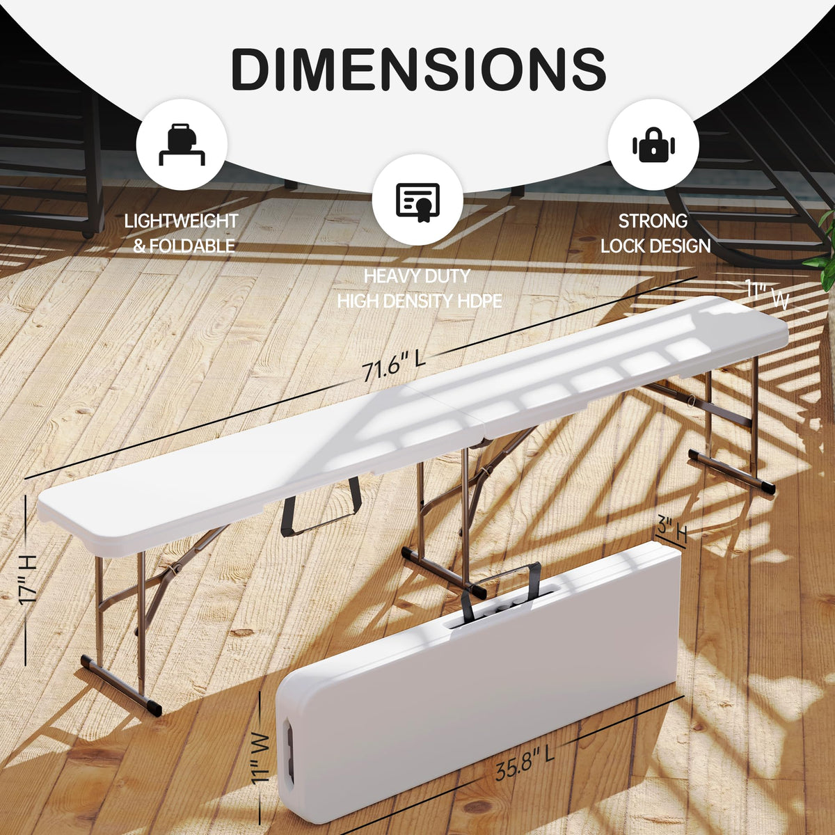 VSOAEIL 6ft folding bench open for comfortable outdoor seating.
