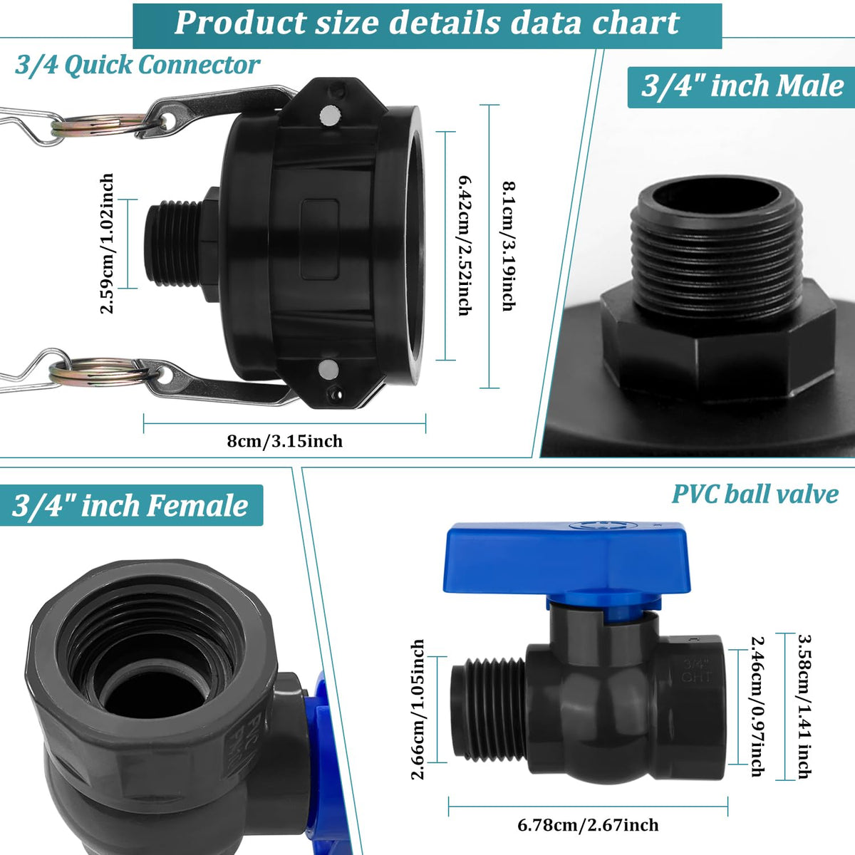 Vtenyeo IBC Tote Adapter three-quarter GHT enables quick hose compatibility.