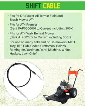 Vudajuley shift cable packaging highlighting compatibility with DR AT4 mowers.