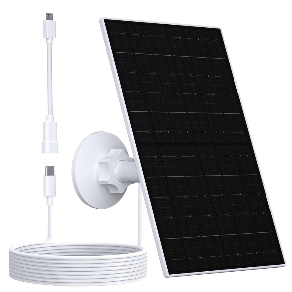 VUEBEE 7W solar panel exterior setup boosts camera power in sunlight.