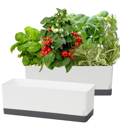Vugosson self-watering planter box with 17-inch size maintains soil moisture.